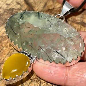 Needle-Like Prehnite & Chalcedony Pendant 2 1/2”